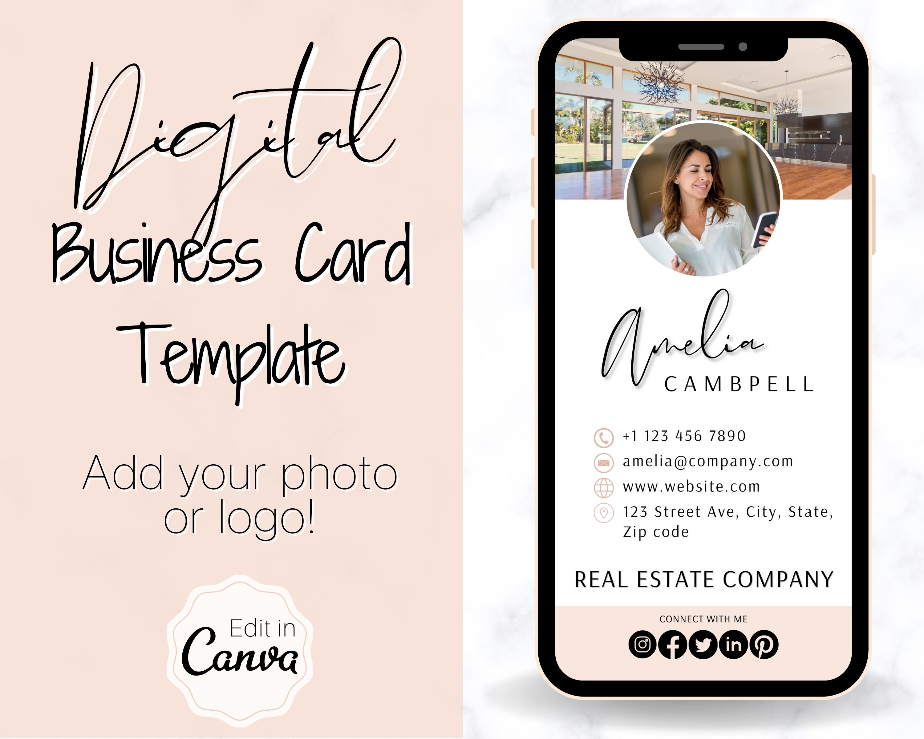 Digital Business Card Template. DIY add logo & photo Editable Etsy