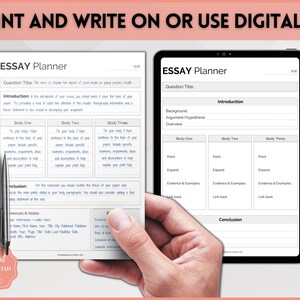 May include: A printable essay planner with sections for question title, introduction, body paragraphs, conclusion, and references. The planner is designed to help students organise their thoughts and write effective essays.