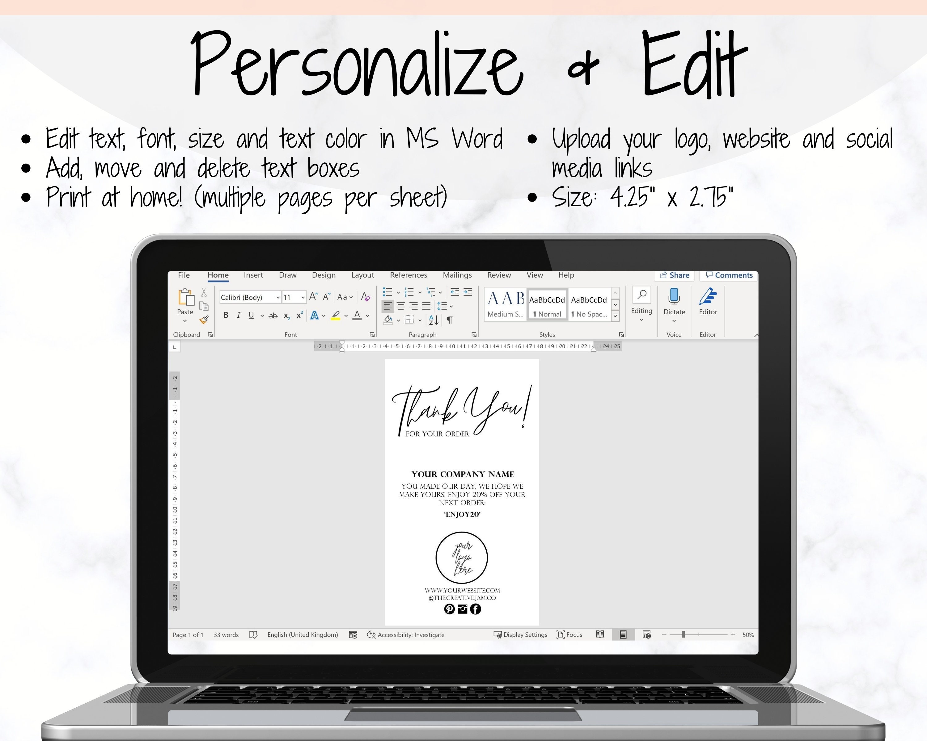 Business Thank You for Your Order Insert Card Template. - Etsy