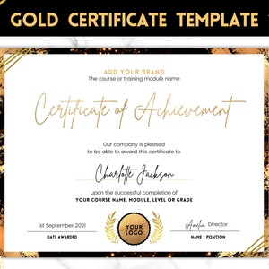 Editable Certificate Template, Certificate of Achievement, Completion, Award, Recognition, Hair, Massage, Lashes Course, Training, GOLD