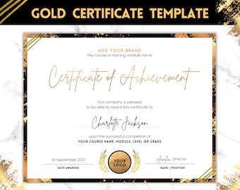 Editable Certificate Template, Certificate of Achievement, Completion, Award, Recognition, Hair, Massage, Lashes Course, Training, GOLD