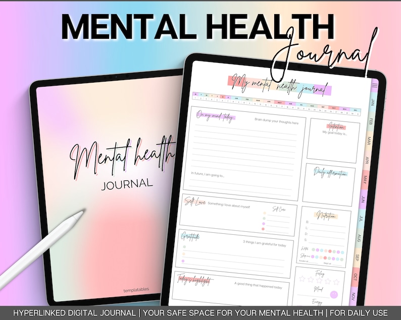 Digital Mental Health Journal, Self Care Digital Planner, Therapy, Anxiety, Gratitude, Mood Tracker, Digital Journal Prompts, GoodNotes iPad