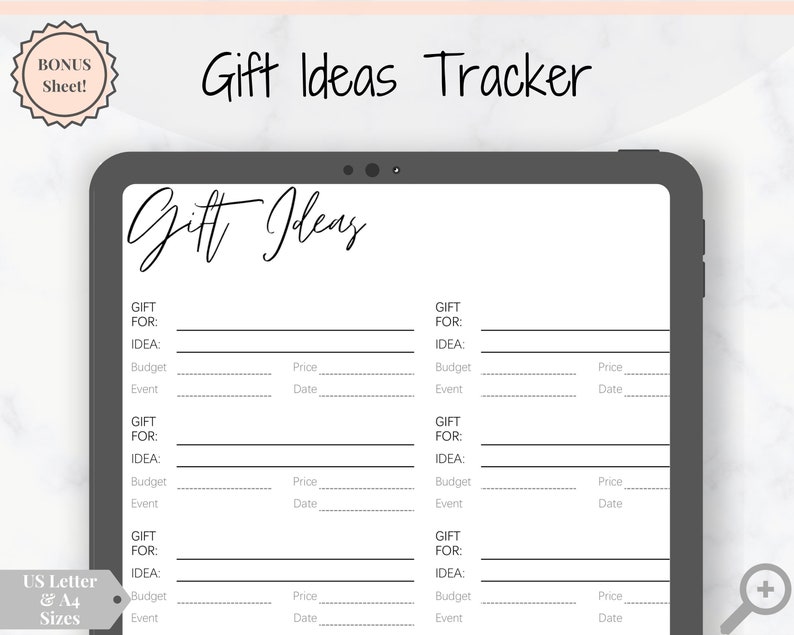 May include: A printable gift ideas tracker with a black and white design. The tracker has sections for gift for, idea, budget, event, and date. The tracker is titled "Gift Ideas Tracker" and "Gift Ideas".