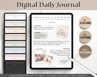 Digital Daily Journal, GoodNotes Notebook, Hyperlinked Digital Planner, iPad Diary, Stickers & Covers, Minimalist Note Taking Lined Template