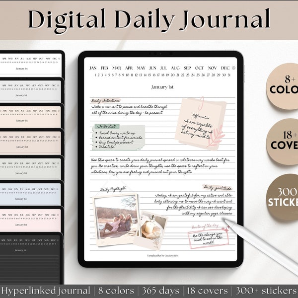 Digital Daily Journal, GoodNotes Notebook, Hyperlinked Digital Planner, iPad Diary, Stickers & Covers, Minimalist Note Taking Lined Template