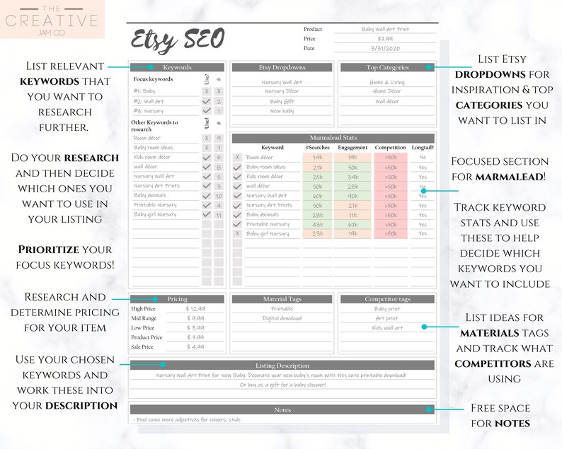 Etsy SEO KEYWORD Research Sheet EDITABLE Template Printable | Etsy