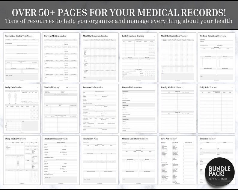 K&ouml;nnte beinhalten: Ein schwarzes und wei&szlig;es druckbares medizinisches Aufzeichnungspaket mit &uuml;ber 50 Seiten. Die Seiten beinhalten Tracker f&uuml;r t&auml;gliche Schmerzen, Medikamente, Symptome, Krankengeschichte und mehr. Der Text "OVER 50+ PAGES FOR YOUR MEDICAL RECORDS!" befindet sich oben im Bild.