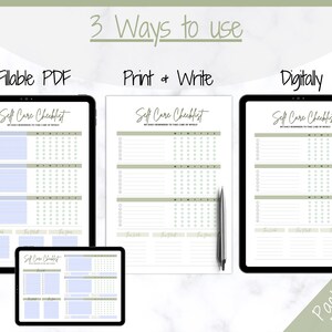 May include: A digital product bundle for a self-care checklist. The bundle includes three versions of the checklist: a fillable PDF, a printable version, and a digital version. The checklist is titled "Self Care Checklist" and includes a section for "My Daily Reminders to Take Care of Myself".