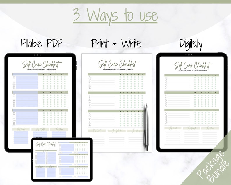 May include: A digital product bundle for a self-care checklist. The bundle includes three versions of the checklist: a fillable PDF, a printable version, and a digital version. The checklist is titled "Self Care Checklist" and includes a section for "My Daily Reminders to Take Care of Myself".