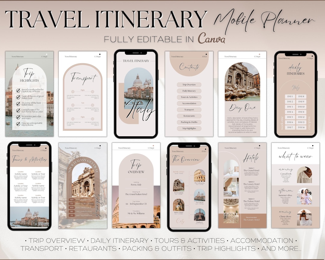 EDITABLE Travel Itinerary Template, Digital Travel Guide, Mobile ...