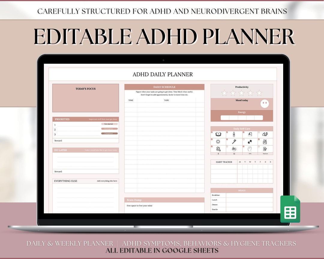 EDITABLE ADHD Digital Planner, Daily Planner Spreadsheet ...
