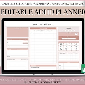 May include: A digital planner for people with ADHD, displayed on a laptop screen. The planner is designed to help people with ADHD manage their time, tasks, and daily routines. The planner includes sections for daily schedule, priorities, to-do list, and self-care. The planner is editable in Google Sheets.