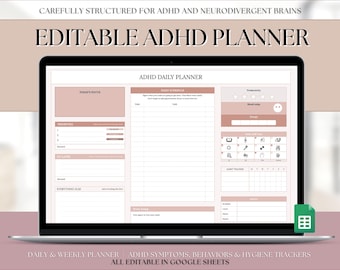 EDITABLE ADHD Digital Planner, Daily Planner Spreadsheet, Neurodivergent, Brain Dump, To Do List, Cleaning, Symptom Tracker, Google Sheets