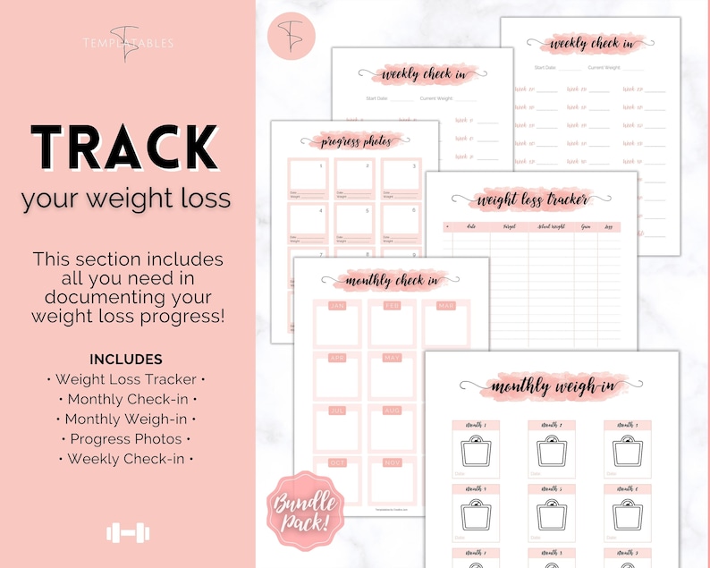 Weight Loss Tracker, Weightloss Journal, Fitness Planner Printable, Weight Loss Chart, Pounds Lost Tracker, Body Measurements, Meal Planner image 5