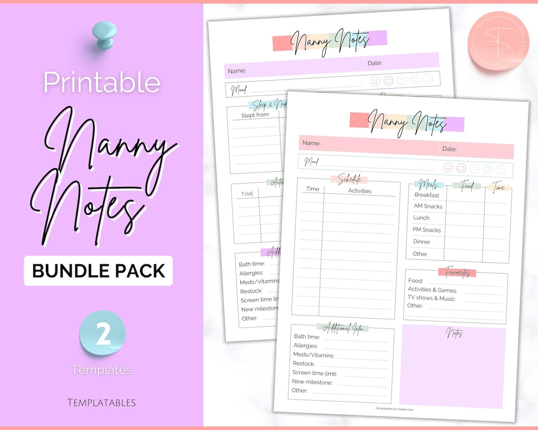 Nanny Notes Template, Nanny Schedule & Report for Baby, Babysitter Info Nanny Notes Template, Nanny Schedule & Report for Baby, Babysitter Info