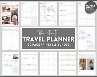 Travel Planner Printable, 30 Travel templates, trip planner, vacation planner, roadtrip travel diary, holiday notebook journal, packing list
