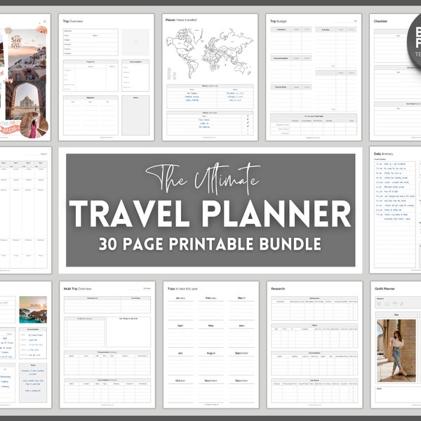 Travel Planner Printable, 30 Travel templates, trip planner, vacation planner, roadtrip travel diary, holiday notebook journal, packing list