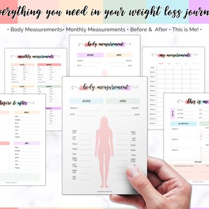 May include: Printable weight loss tracker with four pages: monthly measurements, body measurements before and after, my measurements, and this is me. The pages are designed with pastel colours and a feminine aesthetic.