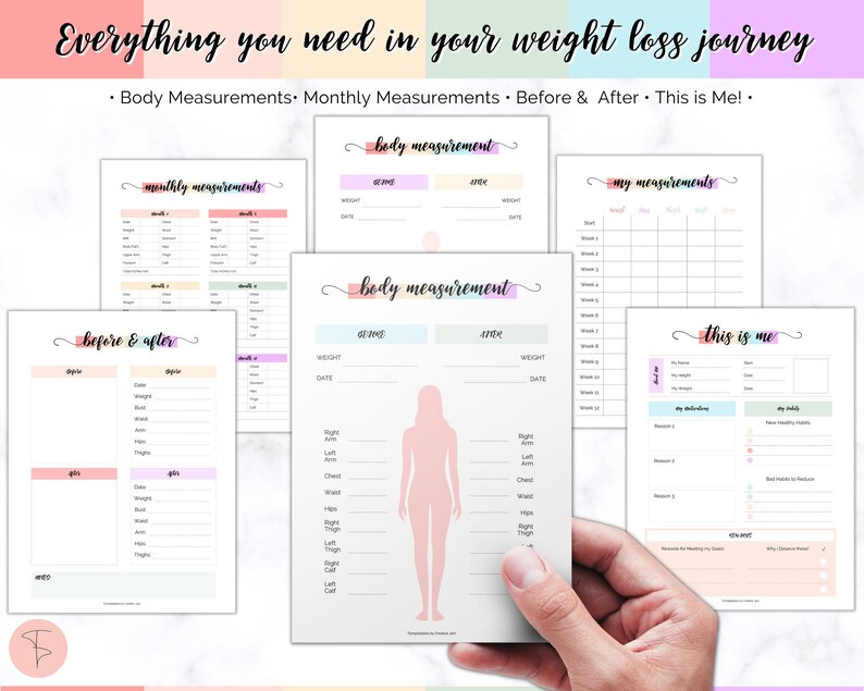 May include: Printable weight loss tracker with four pages: monthly measurements, body measurements before and after, my measurements, and this is me. The pages are designed with pastel colours and a feminine aesthetic.