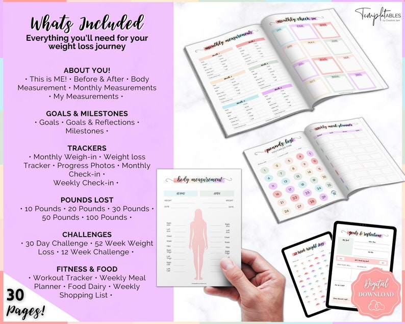 Weight Loss Journal, Weightloss Tracker, Fitness Planner Printable, Weight Loss Chart, Pounds Lost, Body Measurements, Meal Planner image 2