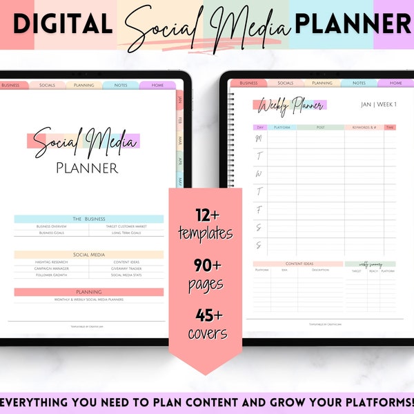 Digital Planner, SOCIAL MEDIA Content Calendar, Instagram YouTube TikTok Influencer, Marketing Plan, iPad GoodNotes, Small Business, Undated