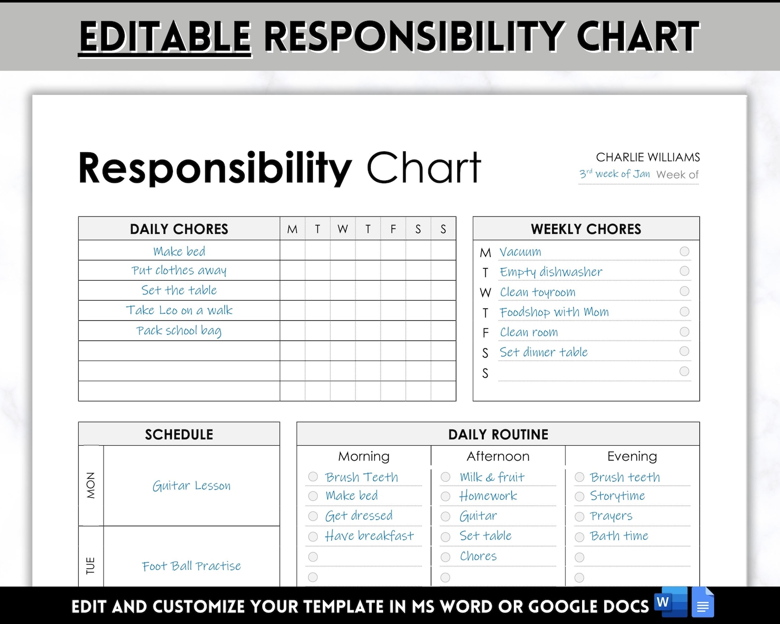 EDITABLE Responsibility Chart, Family Chore Chart, Reward Chart for ...