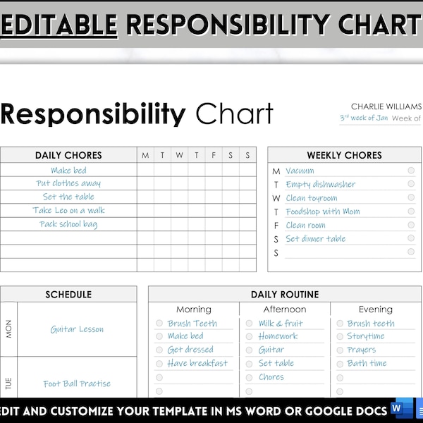 EDITABLE Responsibility Chart, Family Chore Chart, Reward Chart for Kids, Weekly Routine Chart Template, Adults, Behavior Chart checklis
