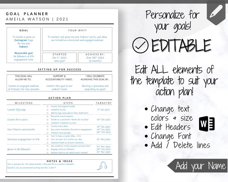 EDITABLE Goal Planner 2022 Goals Tracker Goal Planner Kit Etsy UK