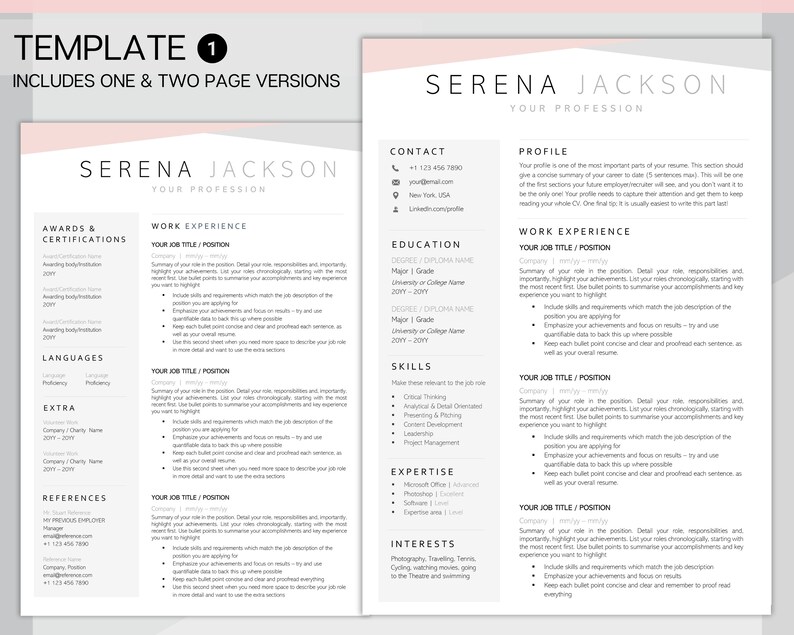 Puede incluir: Una plantilla de curr&iacute;culum moderna con un esquema de color rosa y gris. La plantilla incluye secciones para informaci&oacute;n de contacto, educaci&oacute;n, experiencia laboral, habilidades, experiencia, intereses, premios y certificaciones, idiomas y referencias. La plantilla est&aacute; dise&ntilde;ada para ser utilizada para solicitudes de empleo.
