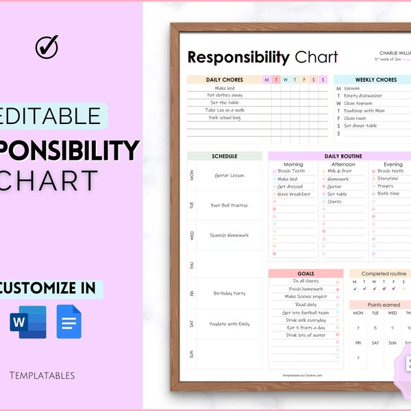 EDITABLE Chore Chart for Kids, Responsibility Chart, Family Chore Chart, Reward Chart, Weekly Routine Template, Adults, Behavior Chart