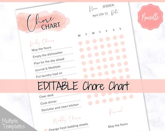 Editable Chore Chart Printable. Reward Chart Template, Daily & Weekly Chores, Responsibility Chart, Routine Chart Checklist, Pink, Girls