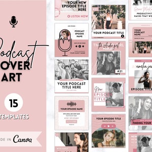 May include: A collection of 15 pink and white podcast cover art templates. The templates feature a microphone icon, text that says "Podcast Cover Art", and the number "15" with the words "Templates" below. The text "Made in Canva" is at the bottom of the image.