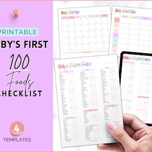 Baby First Foods checklist, babyvoeding tracker afdrukbare bundel, maaltijdplanner, voedingsdagboek, dagelijks logboek, 100 voedingsmiddelen vóór 1, baby geleid spenen