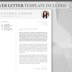 May include: A black and white cover letter template with the text "Victoria Cooper" and "Professional Title" at the top. The template includes a contact section with a phone number, email address, location, and website. The template also includes a section for a cover letter with the text "Dear Hiring Manager" and "Yours sincerely".