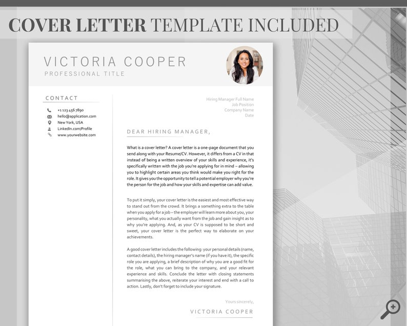 May include: A black and white cover letter template with the text "Victoria Cooper" and "Professional Title" at the top. The template includes a contact section with a phone number, email address, location, and website. The template also includes a section for a cover letter with the text "Dear Hiring Manager" and "Yours sincerely".