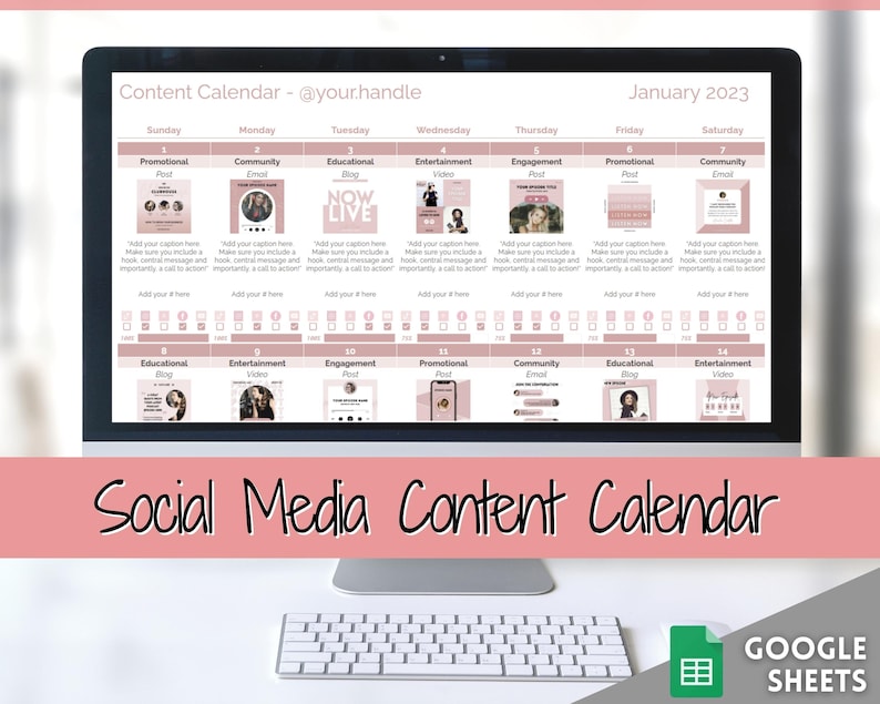 Social Media Content Calendar, Google Sheets Spreadsheet, Editable Planner, Social Media Manager, Instagram, Youtube, TikTok, Influencer 