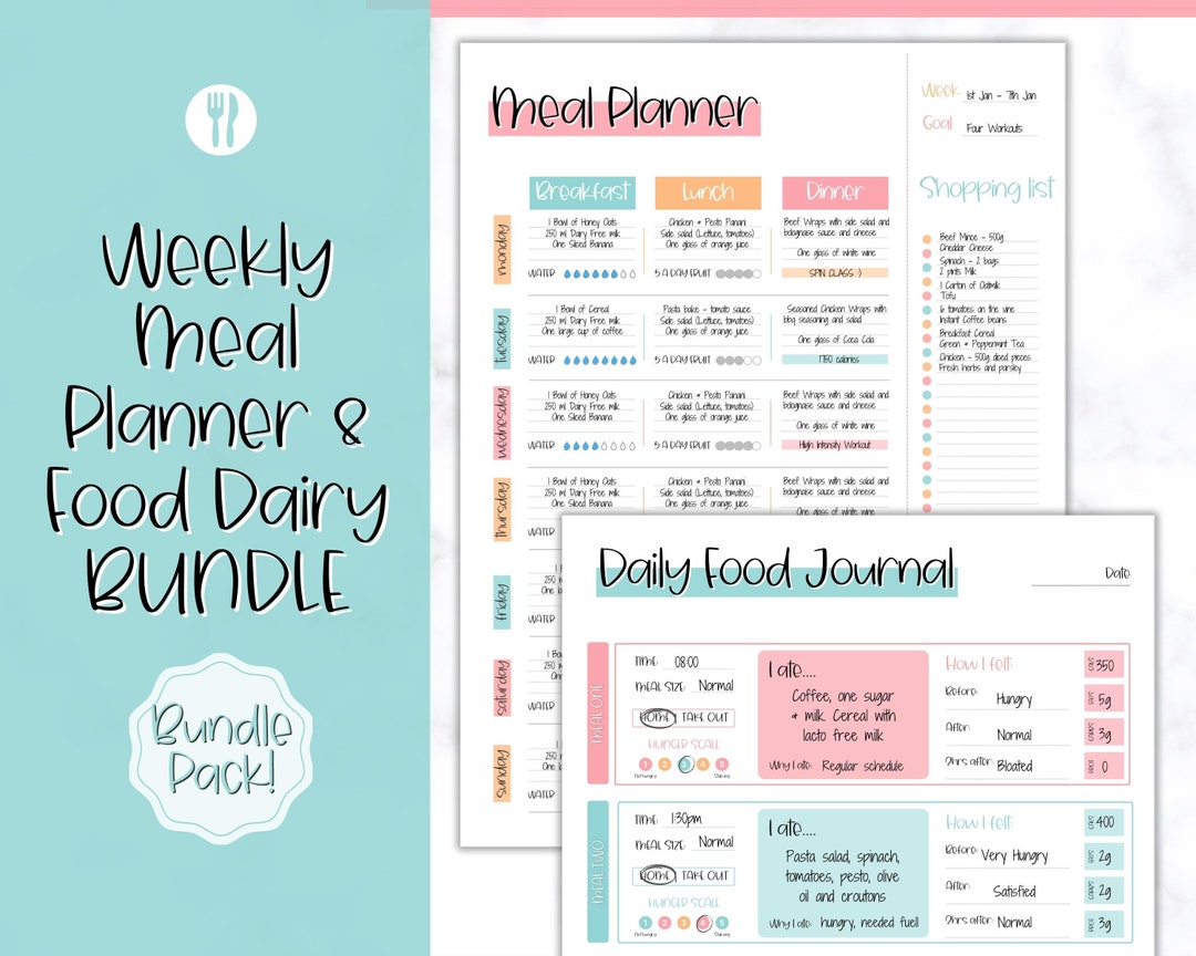Colorful Meal Planner Printable BUNDLE, Weekly Food Diary, Meal Tracker ...