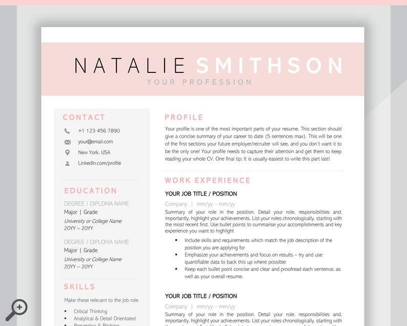 May include: A pink and white resume template with the name Natalie Smithson at the top. The template includes sections for contact information, education, skills, profile, and work experience.