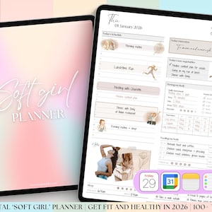 以下が含まれることがあります： 2 つのデジタルタブレットにプランナーが表示されています。1 つのタブレットには、スクリプトフォントで「Soft Girl Planner」というテキストが表示されたカバーが表示されます。もう一方のタブレットには、イラストとテキストを含む毎日のスケジュールが表示されます。画像の下部には「2026 Digital 'Soft Girl' Planner」と書かれています。