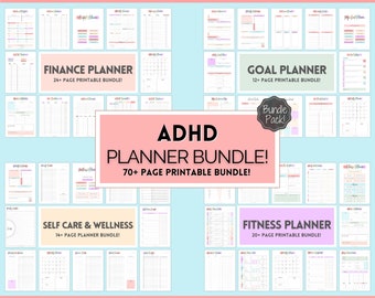 75+ pg ADHD Planner Bundle, Printable ADHD Life Planner, ADHD Symptom Tracker, Brain Dump Template, Self Care, Goal, Fitness, Budget
