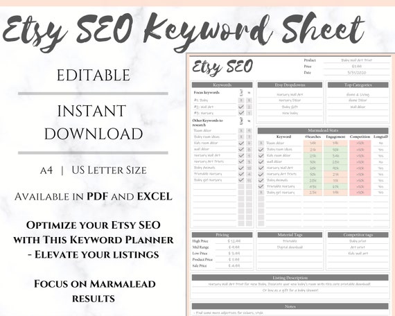 Etsy Seo Keyword Research Sheet Editable Template Printable Etsy