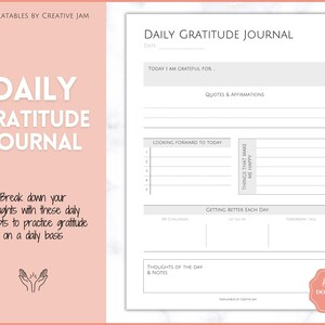 May include: A printable daily gratitude journal template with a pink and white background. The journal includes prompts for reflecting on things you are grateful for, things that make you happy, and challenges you are facing. It also includes space for quotes and affirmations, thoughts of the day, and notes.