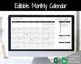 EDITABLE Monthly Calendar, Monthly Planner Template, Automated Spreadsheet, Google Sheets, Excel, Annual, To Do List, Undated Schedule