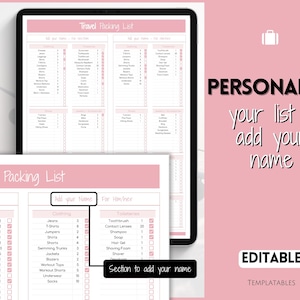 May include: A pink and white printable travel packing list with checkboxes. The list is divided into three sections: toiletries, clothing, and toiletries. The list includes items such as sunscreen, toothpaste, jeans, t-shirts, toothbrush, contact lenses, and shampoo. The list is editable and includes a section to add your name.