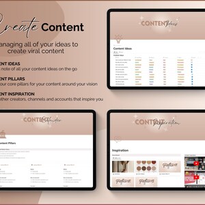 May include: A digital template for creating content. The template is divided into three sections: Content Ideas, Content Pillars, and Content Inspiration. Each section has a table with columns for different aspects of content creation. The template is designed to help users organize their ideas and create a cohesive content strategy.