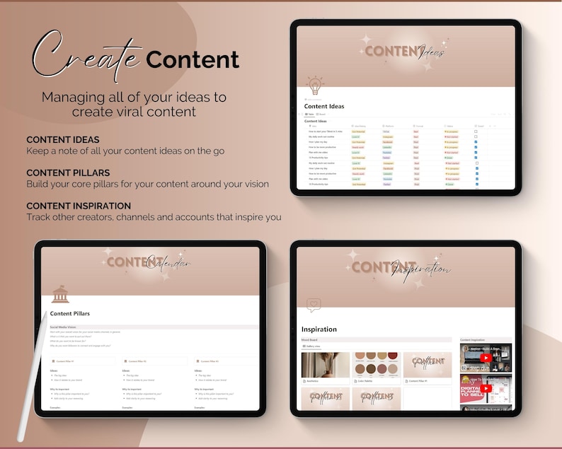 May include: A digital template for creating content. The template is divided into three sections: Content Ideas, Content Pillars, and Content Inspiration. Each section has a table with columns for different aspects of content creation. The template is designed to help users organize their ideas and create a cohesive content strategy.