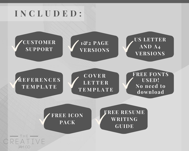 May include: A checklist of features included with a resume template. The features include customer support, 1 and 2 page versions, US letter and A4 versions, references template, cover letter template, free fonts, free icon pack, and a free resume writing guide.