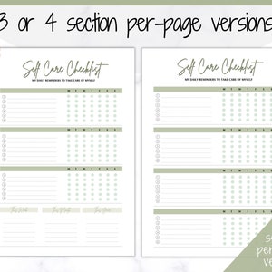 May include: Two printable self-care checklists with a green and white color scheme. Each checklist has a section for daily reminders to take care of yourself, with a grid for tracking habits. The checklists are labeled "Item 1" and "Item 2".