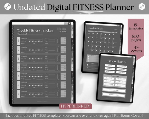 UNDATED Digital FITNESS planner, DARK Mode, GoodNotes Fitness Planner, Fitness Journal, Weight Loss Tracker, iPad Workout, Wellness Template