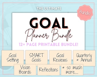 Goals Planner BUNDLE, 2024 Goals Tracker, SMART Goal Setting Kit, New Year, Monthly Habits Reflections, Productivity, Vision Board Printable